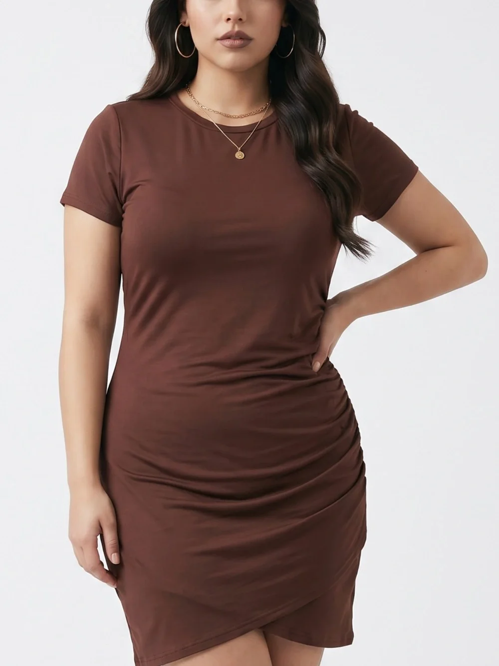 Short Sleeve Ruched Mini Dress in Brown - Picture 8 of 14